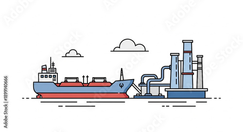 Industrial ship docked at a refinery for loading or unloading cargo.