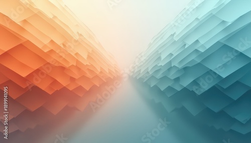 Abstract Perspective With Orange And Teal Layers Meeting In Soft Hazy Fog Illuminated By Warm Light