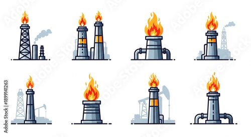 Collection of industrial oil gas flares and towers.