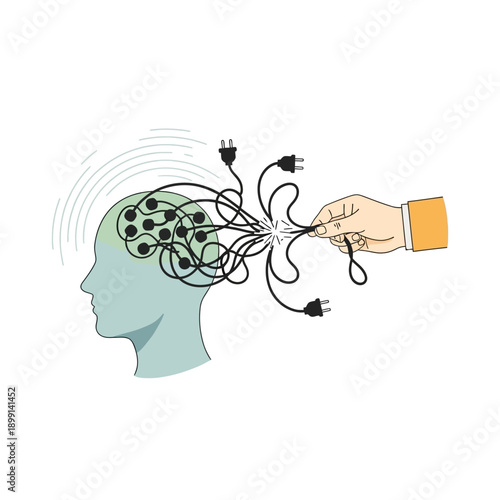 Human Brain Connected to External Power Source with Tangled Wires.
