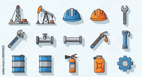 Collection of industrial and construction icons and symbols.