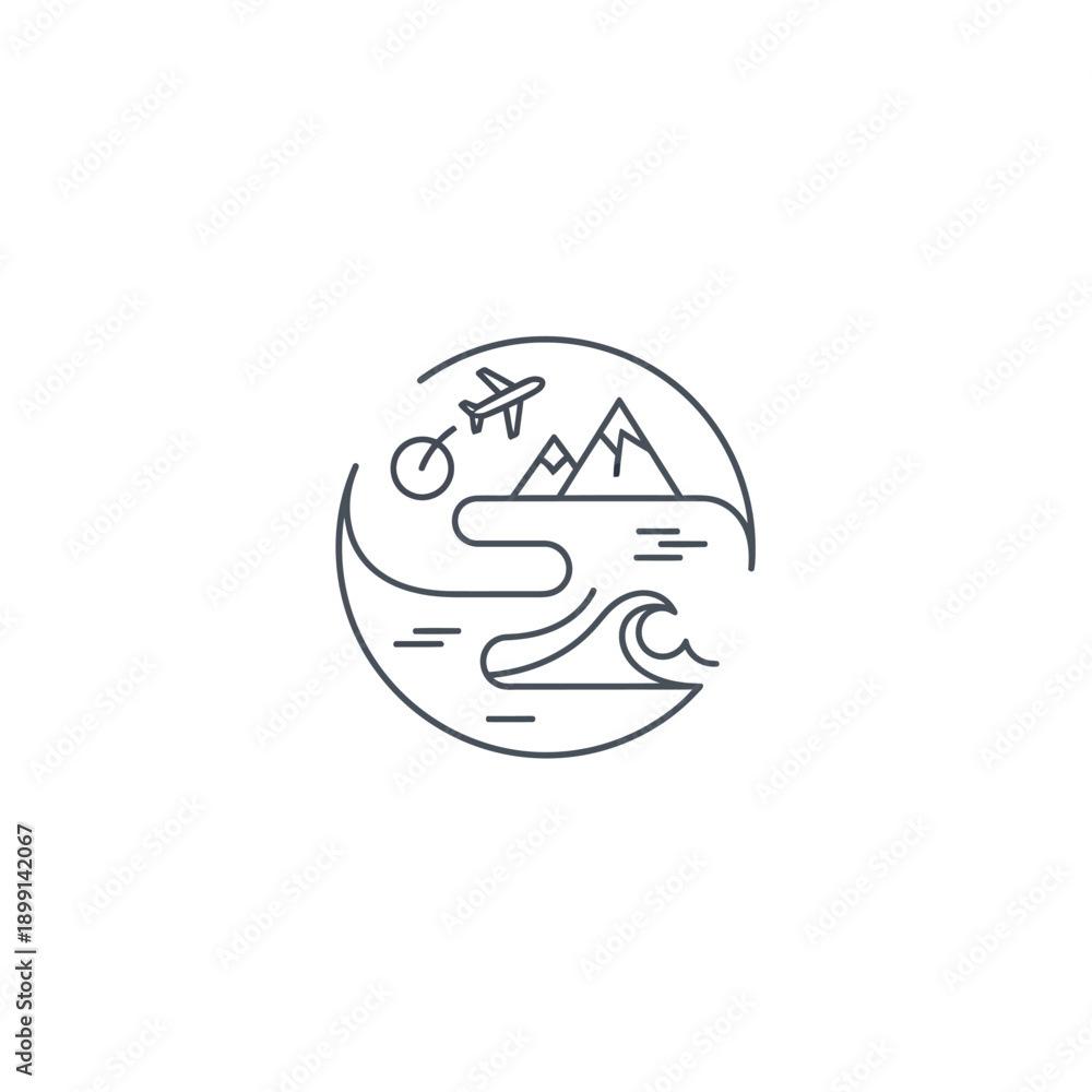 Obraz premium Minimalist Travel Icon Featuring Airplane Mountains and Ocean Waves.