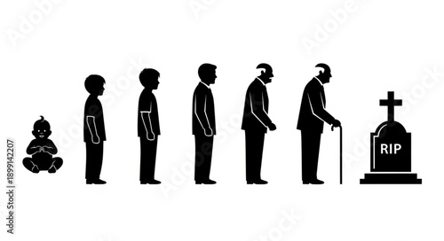Human life cycle from birth to death represented by silhouettes.