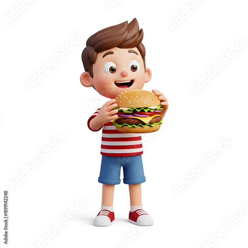 Cheerful 3D Cartoon Boy in Red Striped Shirt Holding and Biting a Large Cheeseburger - Kids Junk Food and Appetite Concept