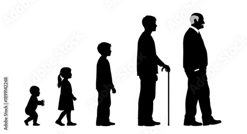 Human life cycle progression from baby to elderly man silhouette.