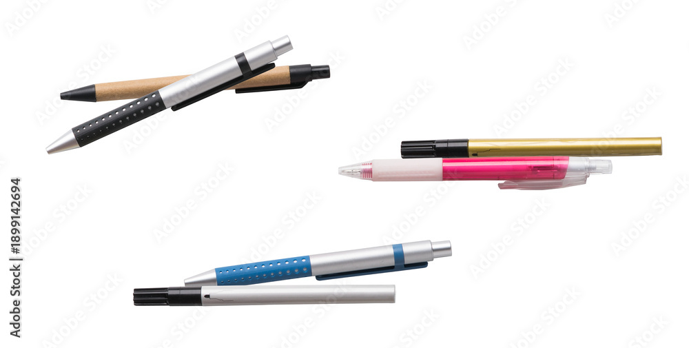 Fototapeta premium collection of assorted pens, including metallic, black, pink, and natural kraft paper designs, arranged artfully on a clean white background for promotional purposes.