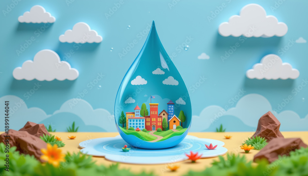 Naklejka premium Water drop city nature conservation environment landscape cloud sky lake water drop city nature conservation environment landscape cloud sky lake