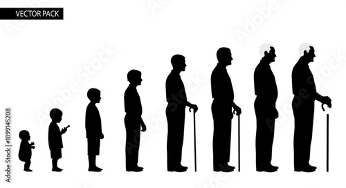 Human life cycle progression from infancy to old age silhouettes.