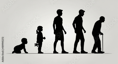 Human life cycle progression from infancy to old age silhouette.