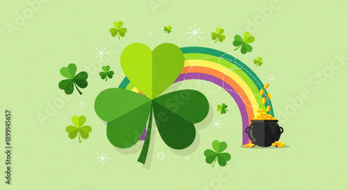 St patrick's day clover shamrock rainbow pot gold luck concept with green background