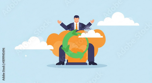 Businessman sitting on giant money bag with green ribbon surrounded by clouds symbolizing financial success and eco friendly prosperity