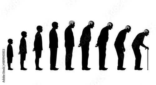 Human life cycle progression from childhood to old age silhouettes.