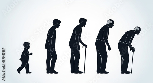 Human life cycle progression from child to elderly silhouette.