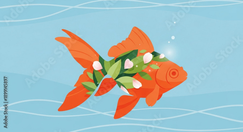 Vibrant orange goldfish with green leaves and white flowers swimming in light blue water with ripples