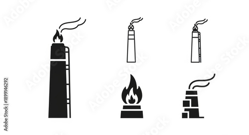 Industrial chimney icons with smoke and flame illustrations.