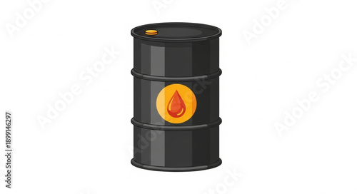 Black metal oil barrel with fuel symbol on white background.