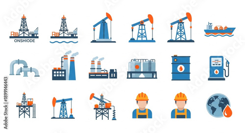 Oil industry icons collection pumpjack rig and gas station symbols.