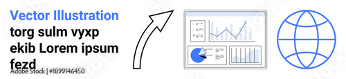 Analytics dashboard featuring charts, pie graph, line graph, bar graph, globe icon, upward arrow. Ideal for business analysis, statistics, global trends research data science education simple