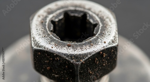 Gritty closeup showcases the textured surface of an industrial hexagon nut