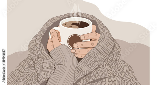 Cozy person in hooded sweater holding steaming heart shaped coffee mug warmly