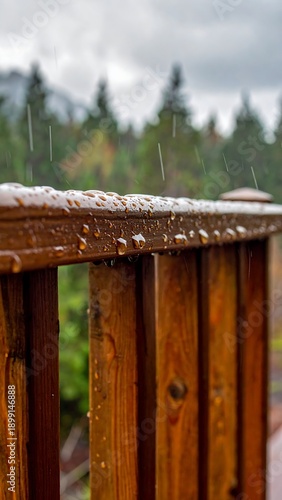 Wallpaper Mural Wooden railing with raindrops, lush green trees and misty mountain backdrop Torontodigital.ca