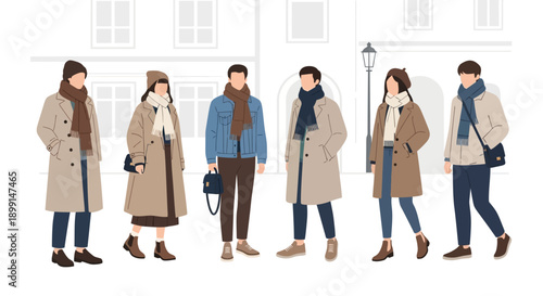 Diverse group of people walking in winter clothing on city street