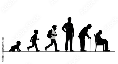 Human life cycle stages depicted as silhouettes.