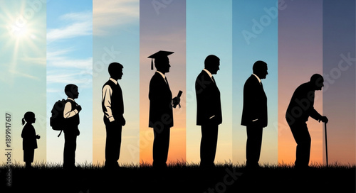 Human life cycle stages depicted as silhouettes against a sunset sky.