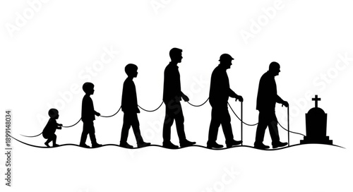 Human life cycle silhouette progression from birth to death.