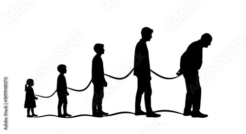 Human life cycle silhouette progression from child to elder.