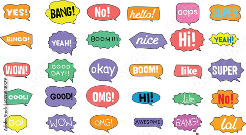 Colorful speech bubbles with various emotive expressions