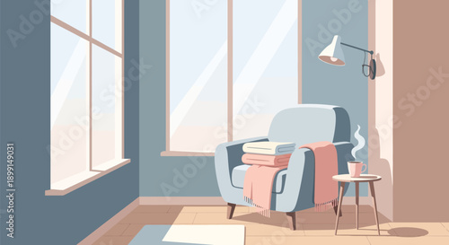 Cozy living room corner with blue armchair pink blanket and floor lamp by large window