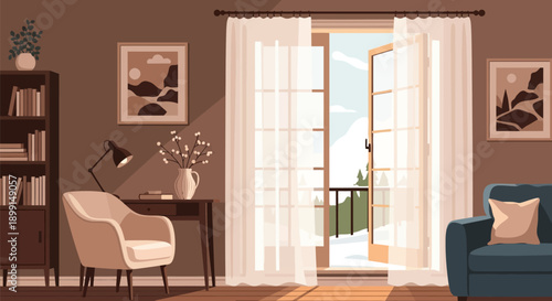 Cozy living room with blue sofa beige chair and open door to balcony with city view