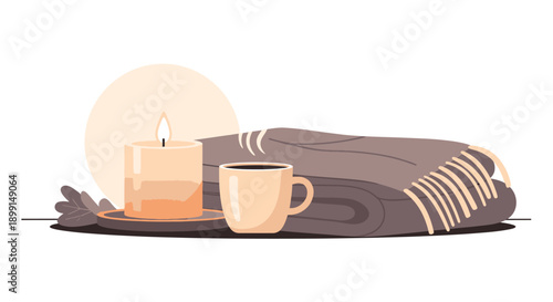 Cozy morning scene with candle coffee cup and folded blanket on a tray