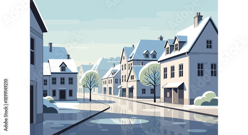 Snowy village street with houses and trees on a sunny winter day