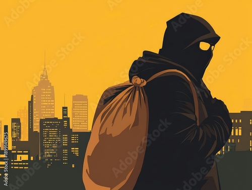 Silhouette of a figure carrying a bag in a city at sunset.