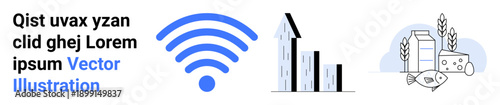 Technology, urban development, agriculture, connectivity, internet, smart cities. A wireless symbol, skyscrapers and food with wheat. Technology and urban development for smart city concepts