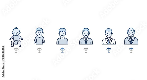 Human life cycle stages from baby to elderly man illustration.