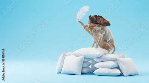Dust mite, funny extreme macro, plays on classic white pillow fort. Dust mite wears pirate hat, raises front paw with white feather, creating humorous scene. Concept dust mite for allergy awareness,