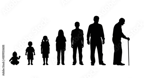 Human life cycle stages from baby to elderly man silhouette.