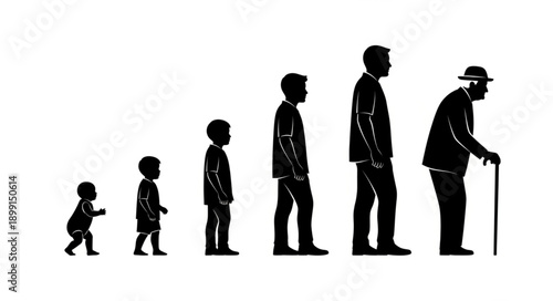 Human life cycle stages from baby to elderly man silhouette.