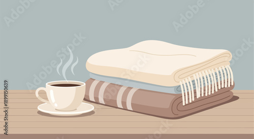 Cozy morning scene with steaming cup of coffee and stack of soft blankets on wooden table indoors