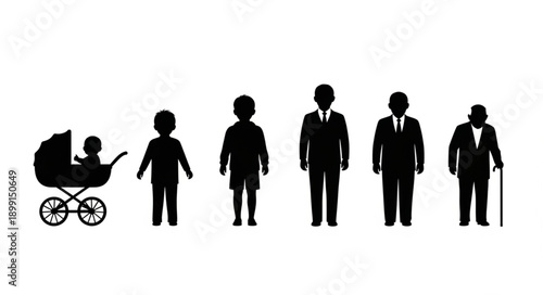 Human life cycle stages from baby to elderly man silhouette.