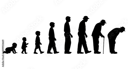 Human life cycle stages depicted as silhouettes from infancy to old age.