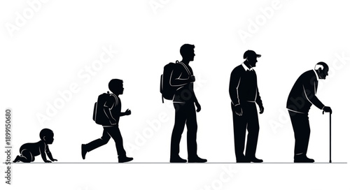 Human life cycle stages depicted as silhouettes from infancy to old age.