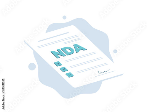 Non-disclosure agreement NDA - signed confidential contract document with checkboxes, legal secrecy protection, intellectual property safeguard and corporate business privacy compliance illustration