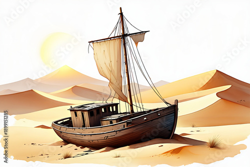 Dreamlike Desert Scene Featuring Weathered Boat Shipwreck