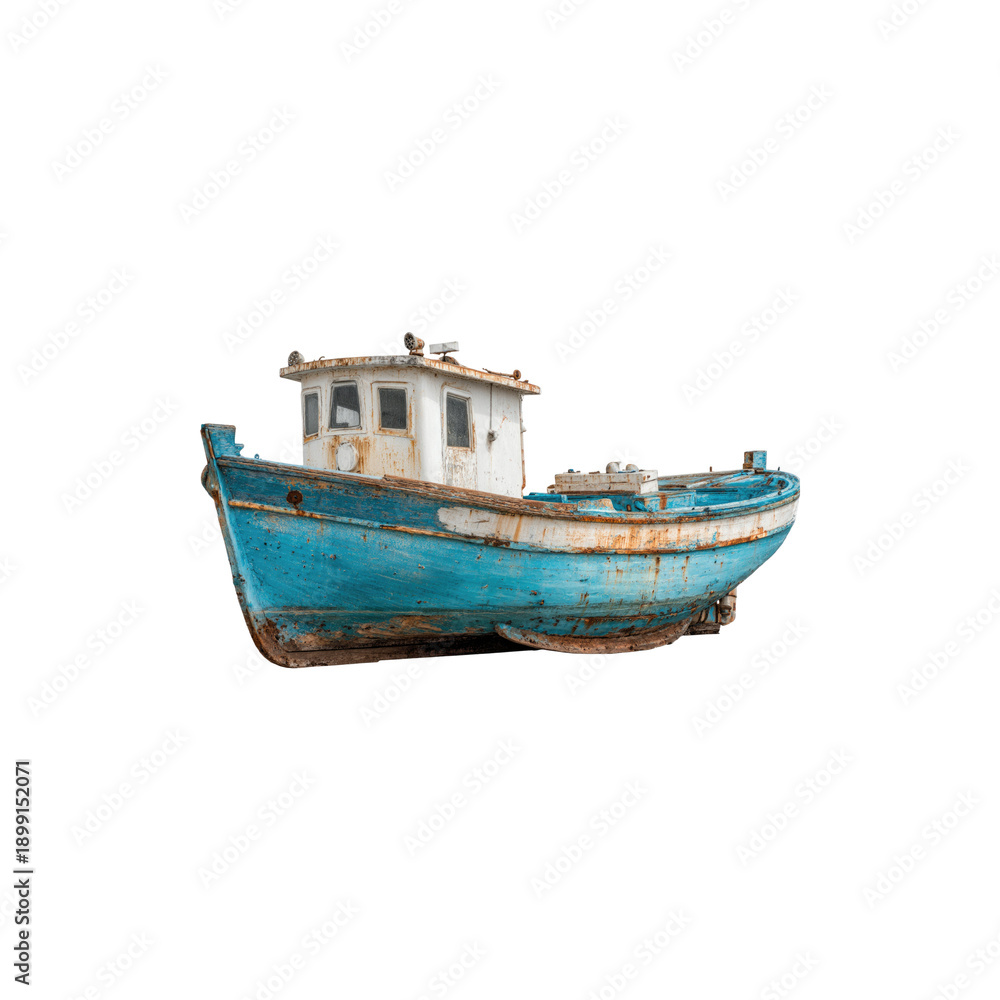 Obraz premium Old rusty blue fishing boat with weathered paint and vintage cabin showing nautical character isolated on white background