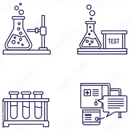 A set of laboratory equipment icons including beakers and test tubes on a clean white background