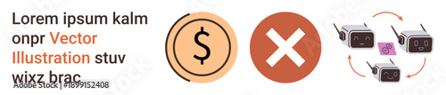 Finance, digital payments, data exchange, e-commerce, technology, wireless connectivity. Icons of a dollar sign, X symbol and devices with exchange arrows. Finance and data exchange concept